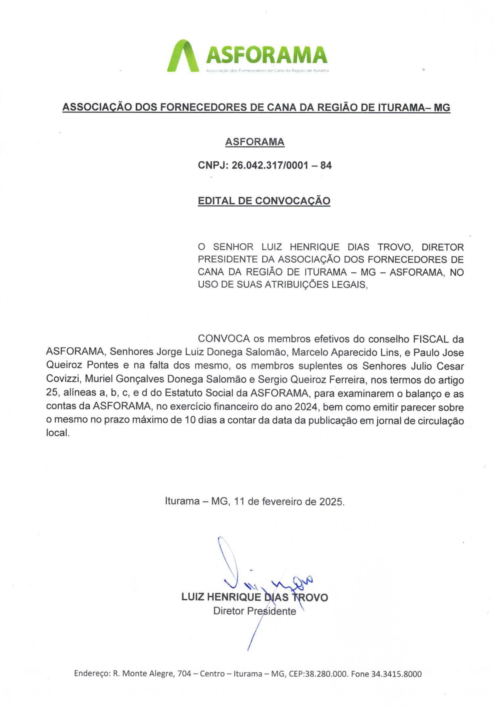 EDITAL DE CONVOVAÇÃO DOS MEMBROS EFETIVOS DO CONSELHO